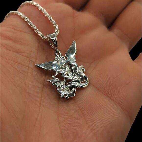 S925 Rhodium Finish St. Michael Angel - S925 Sterling Silver Rope Chain. - Picture 12 of 12